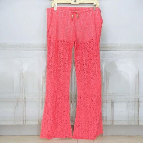 NWT NEW Chaser Peach/Tangerine Lace Wide Leg Drawstring Lined Pants Medium Boho - Picture 1 of 7